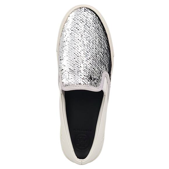 Tory Burch Women Carter US 6M Slip On Sneakers Silver Sequins Snow White - Picture 8 of 9